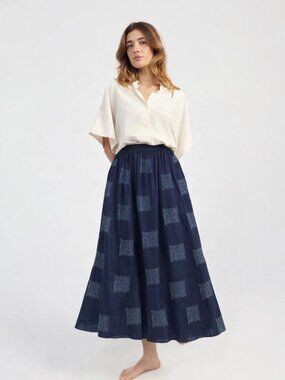 7115 by Szeki Prairie Skirt Blue Embroidered Midi Skirt